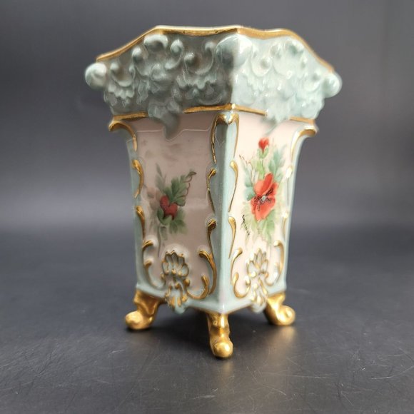 Royal Crown China Vase Square Floral Signed Green Cream Gold Trimmed Cr603 - Picture 5 of 8